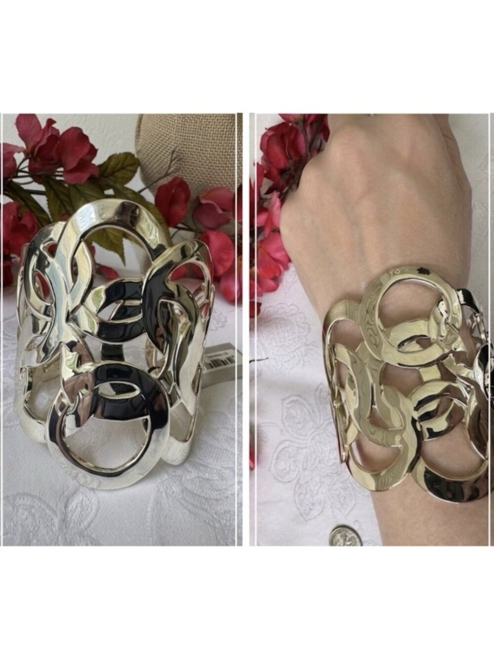 Sequin 3" Wide CZ Cuff Bracelet Silvertone Vintage Abstract Openwork NEW NWT
